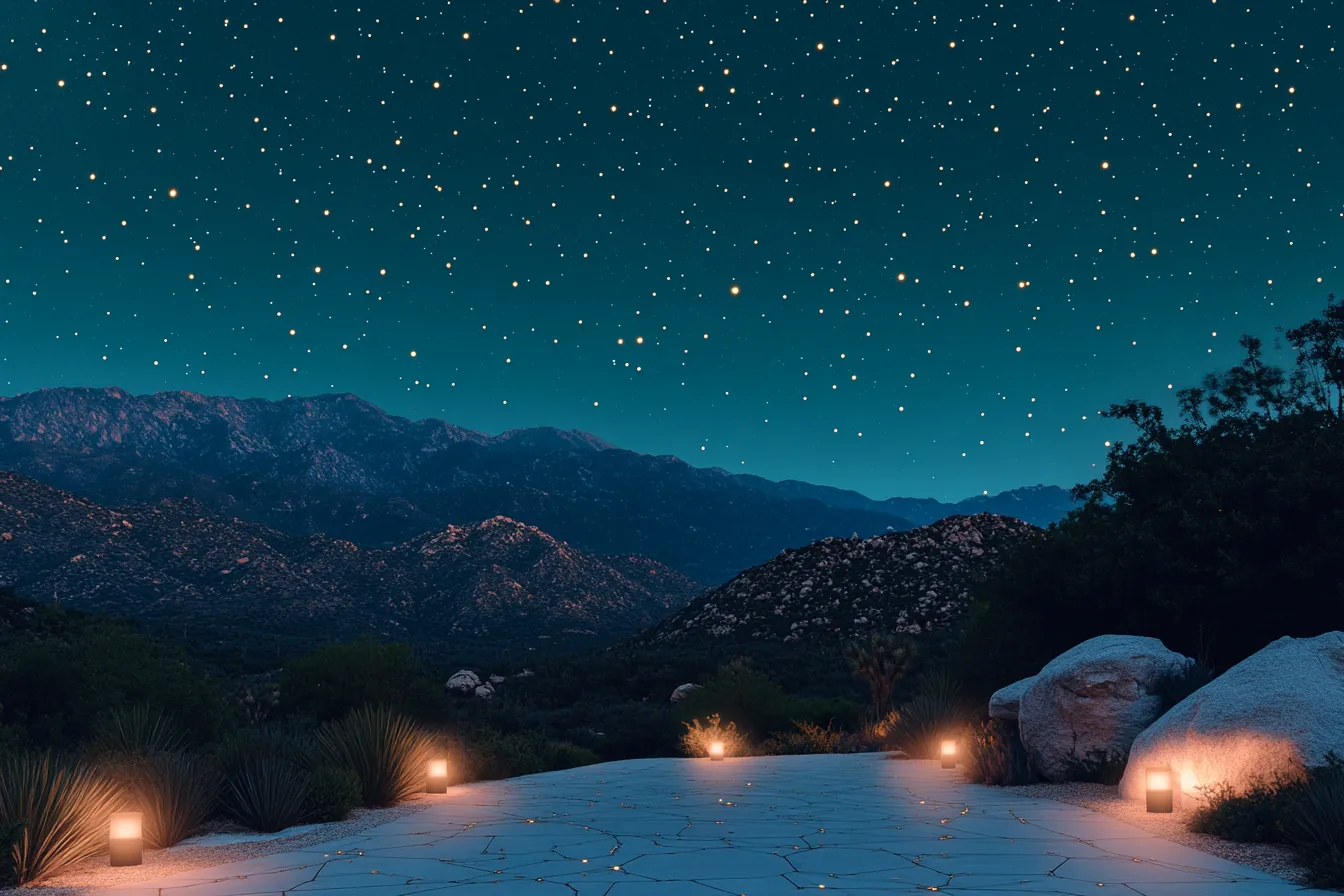 Terraza de piedra con velas encendidas bajo un cielo estrellado