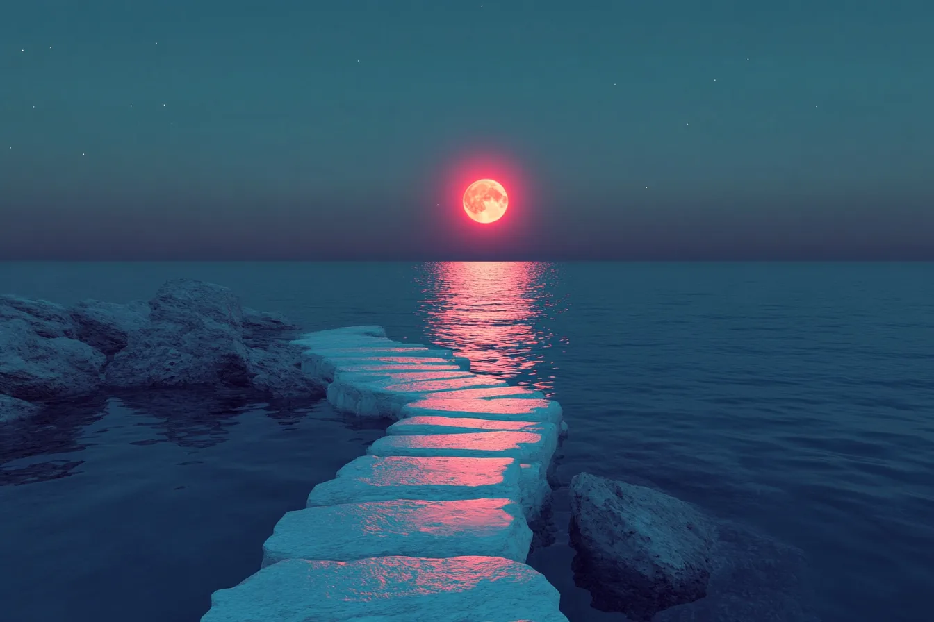 Camino de piedras flotantes sobre el mar que asciende hacia la luna