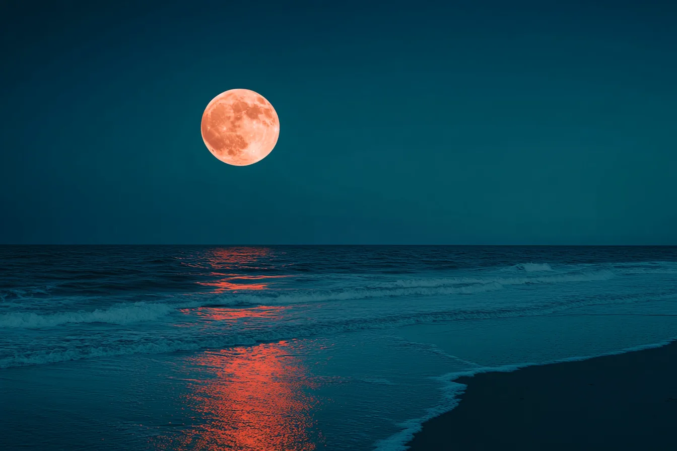 Luna llena de tono coral sobre el mar nocturno, con su reflejo en la orilla