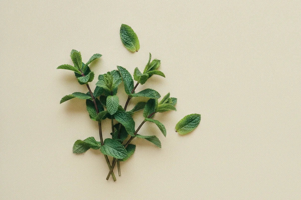 Ramas de menta fresca sobre fondo crema
