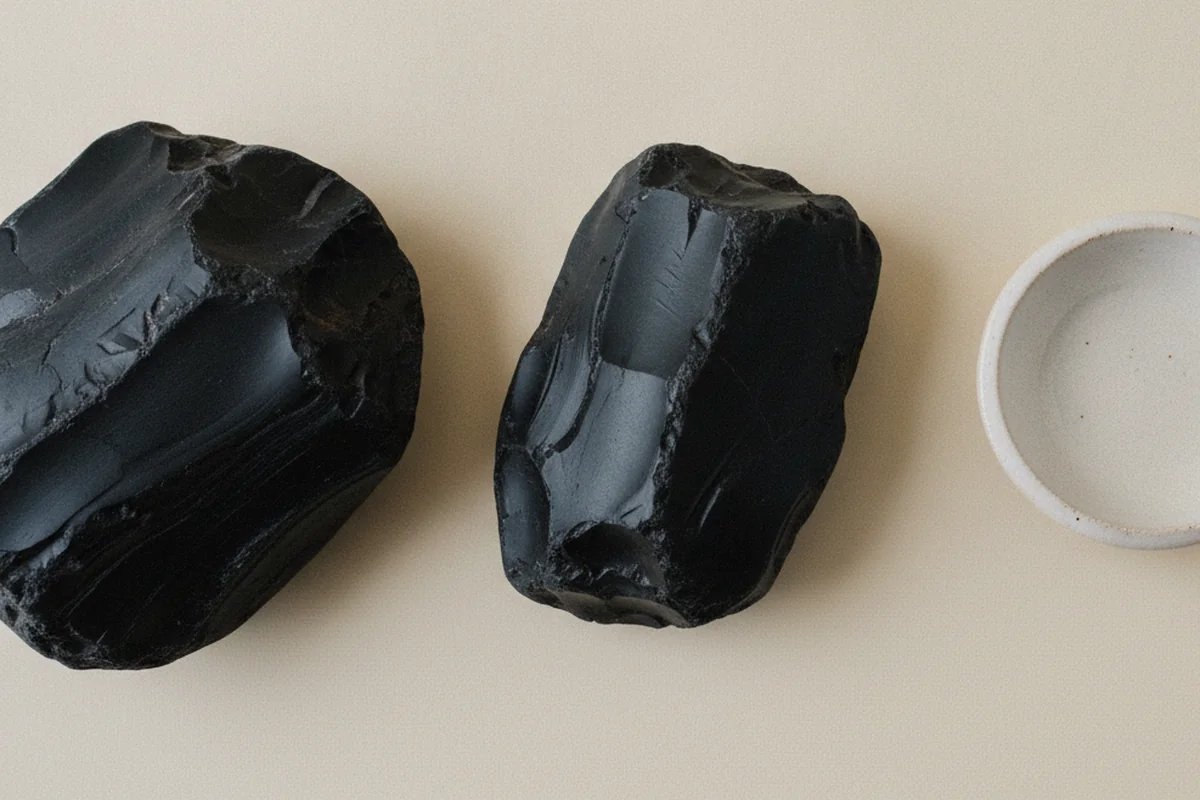 Piezas de obsidiana negra sobre fondo crema