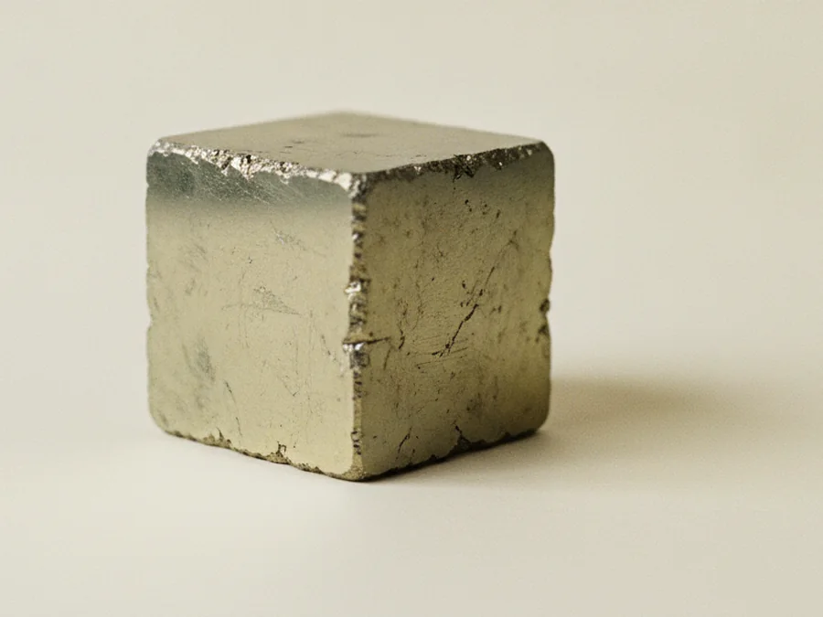 Detalle de un cubo de pirita con sus caras metálicas