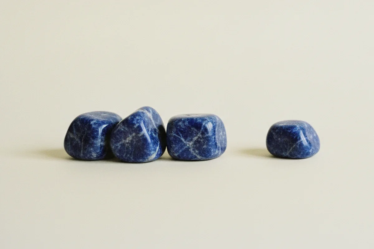 Piedras de sodalita azul con vetas blancas sobre fondo crema