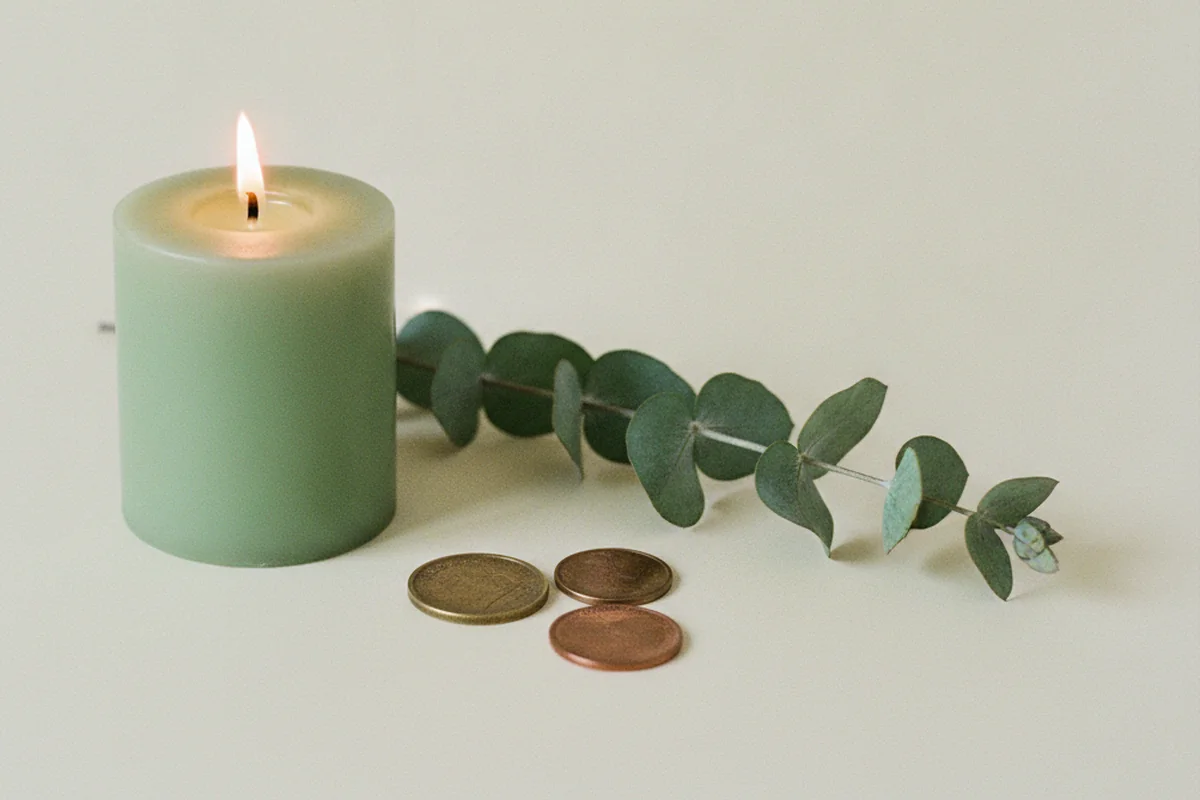 Vela verde encendida junto a una rama de eucalipto y unas monedas sobre fondo crema