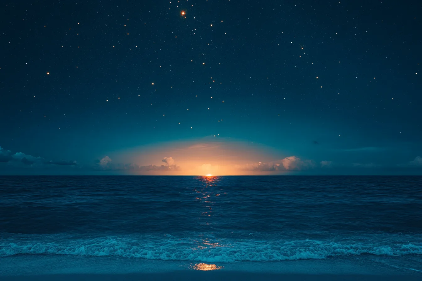 Horizonte cálido sobre el mar bajo un cielo estrellado