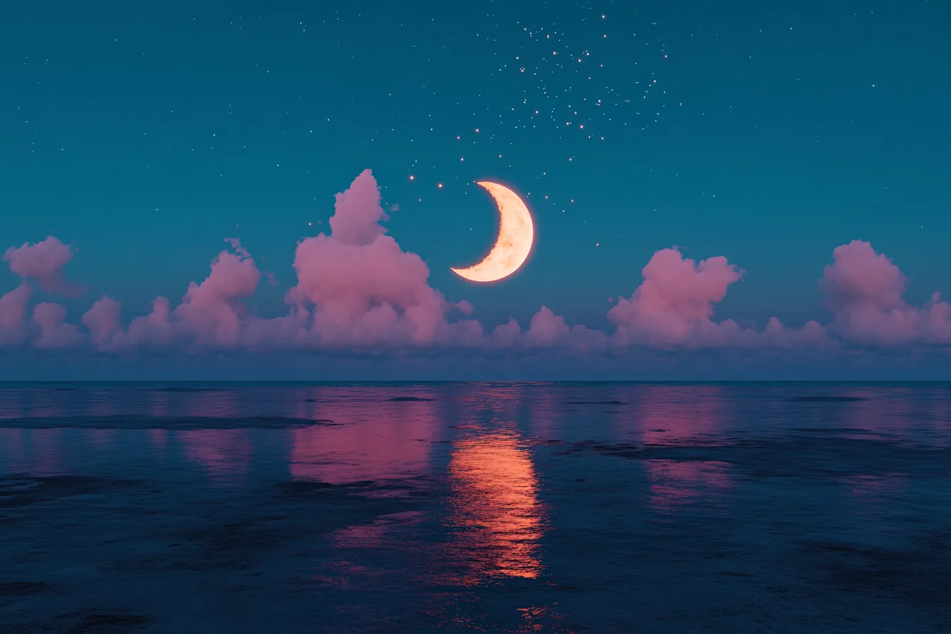 Luna creciente dorada entre nubes rosadas reflejada en el mar