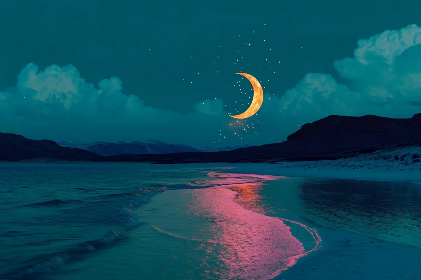 Luna menguante dorada con estrellas sobre una playa nocturna en tonos verdeazulados